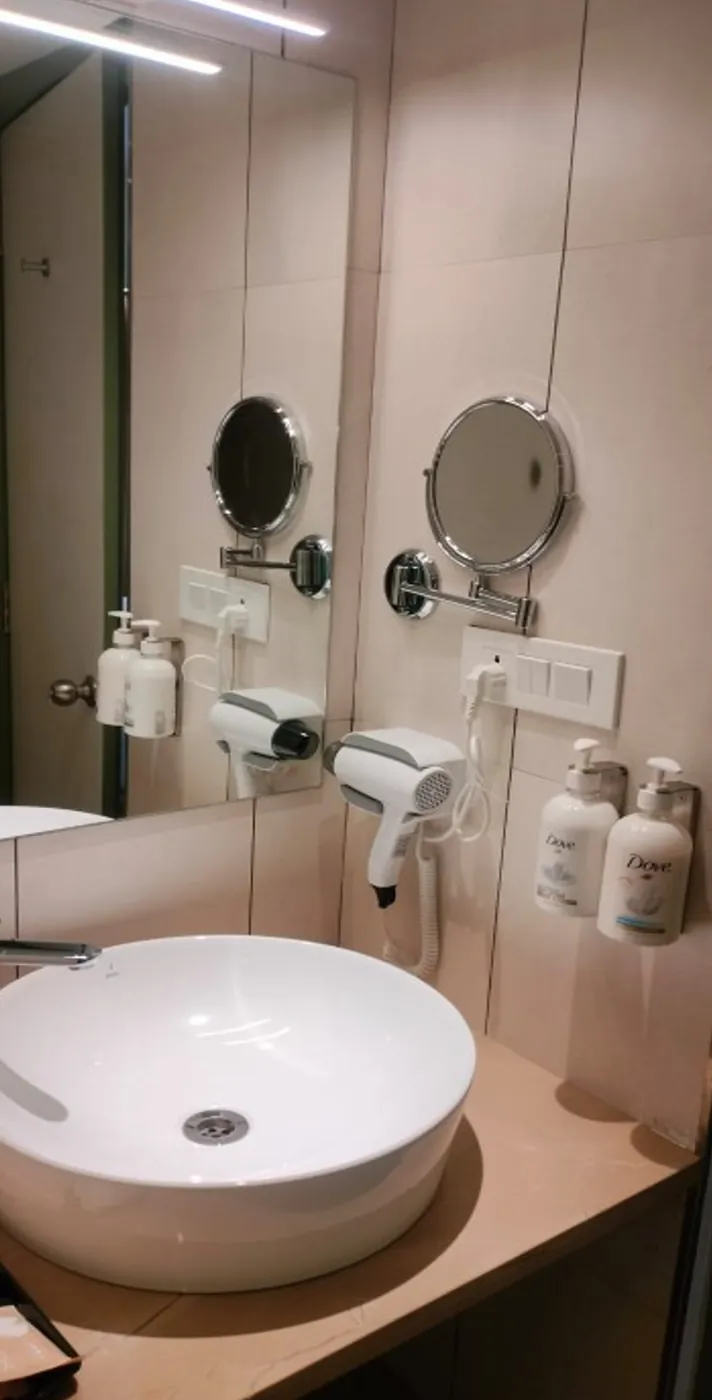 Guest bathroom with a round white basin, tall mirror, magnifying mirrors and a wall-mounted hair dryer
