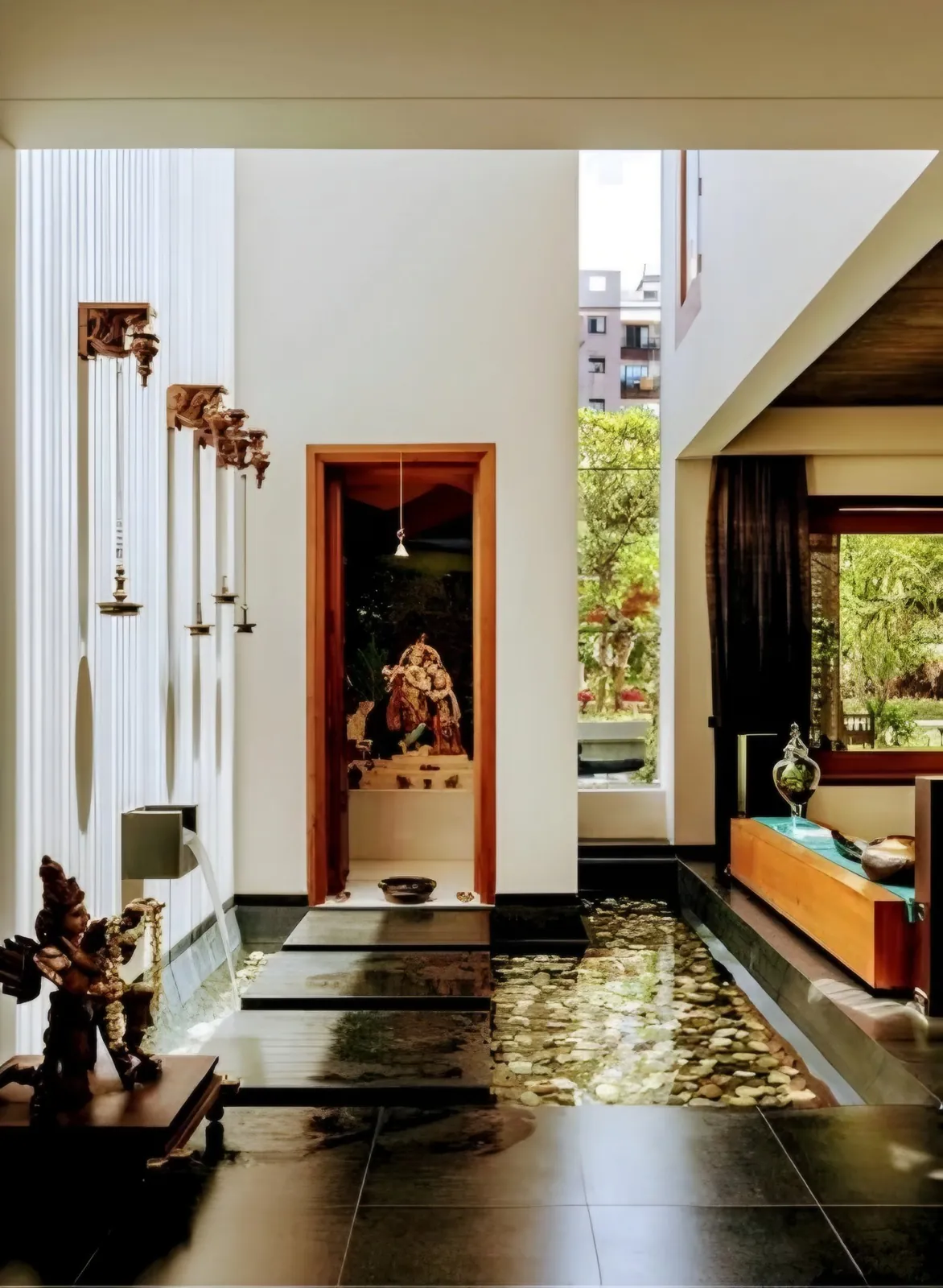 Double-height courtyard with a water feature over pebbles, hanging brass lamps and a small shrine niche